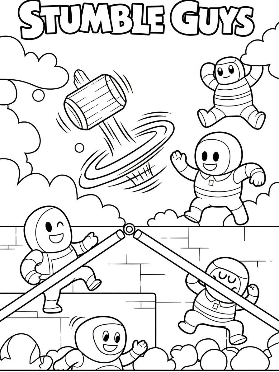 Dibujo para colorear de tropezar chicos con personajes jugando con obstáculos