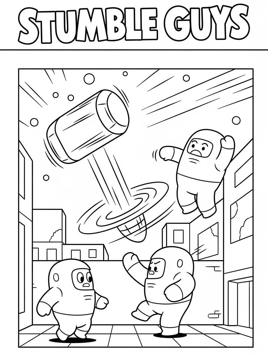 Página para colorear de tropezar chicos con martillo gigante