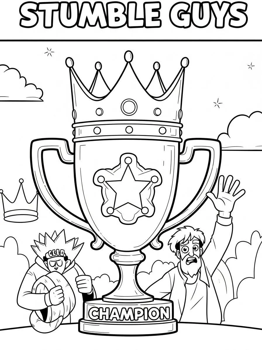 Página para colorear de tropezar chicos con trofeo de campeón