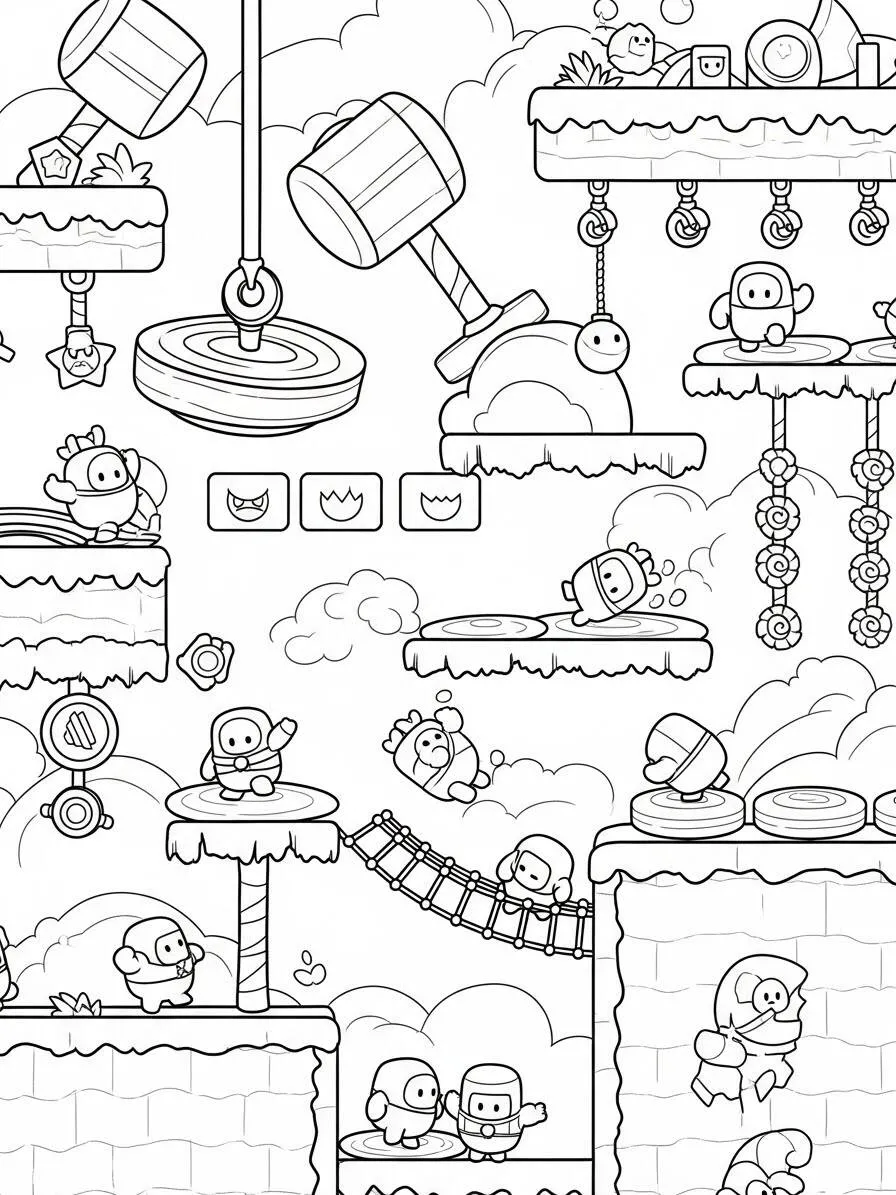 Página para colorear de tropezar chicos con obstáculos y aventuras