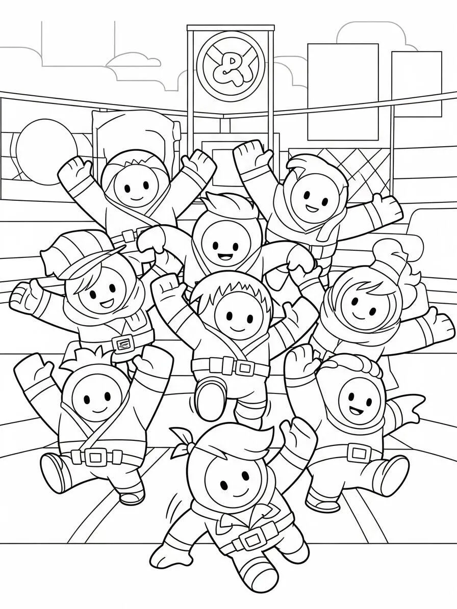 Página para colorear de tropezar chicos con personajes para celebrar