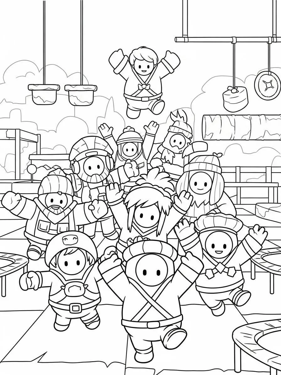 Página para colorear de tropezar chicos con personajes saltadores