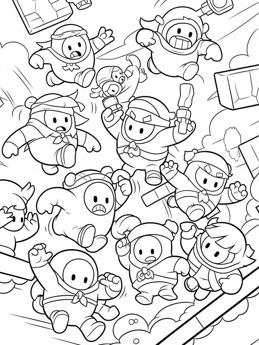 Página para colorear de tropezar chicos con personajes en acción