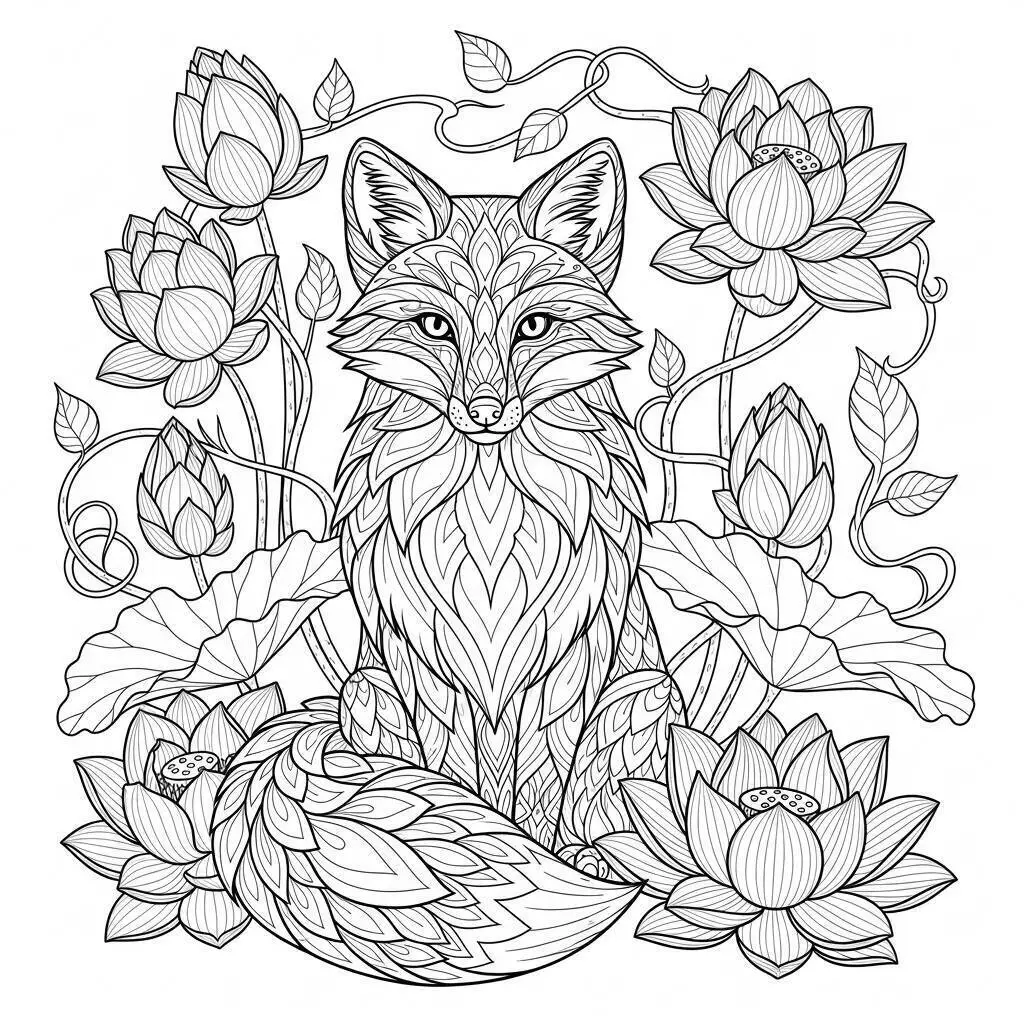 Desenho de Raposa Elegante entre Flores de Lótus para Colorir