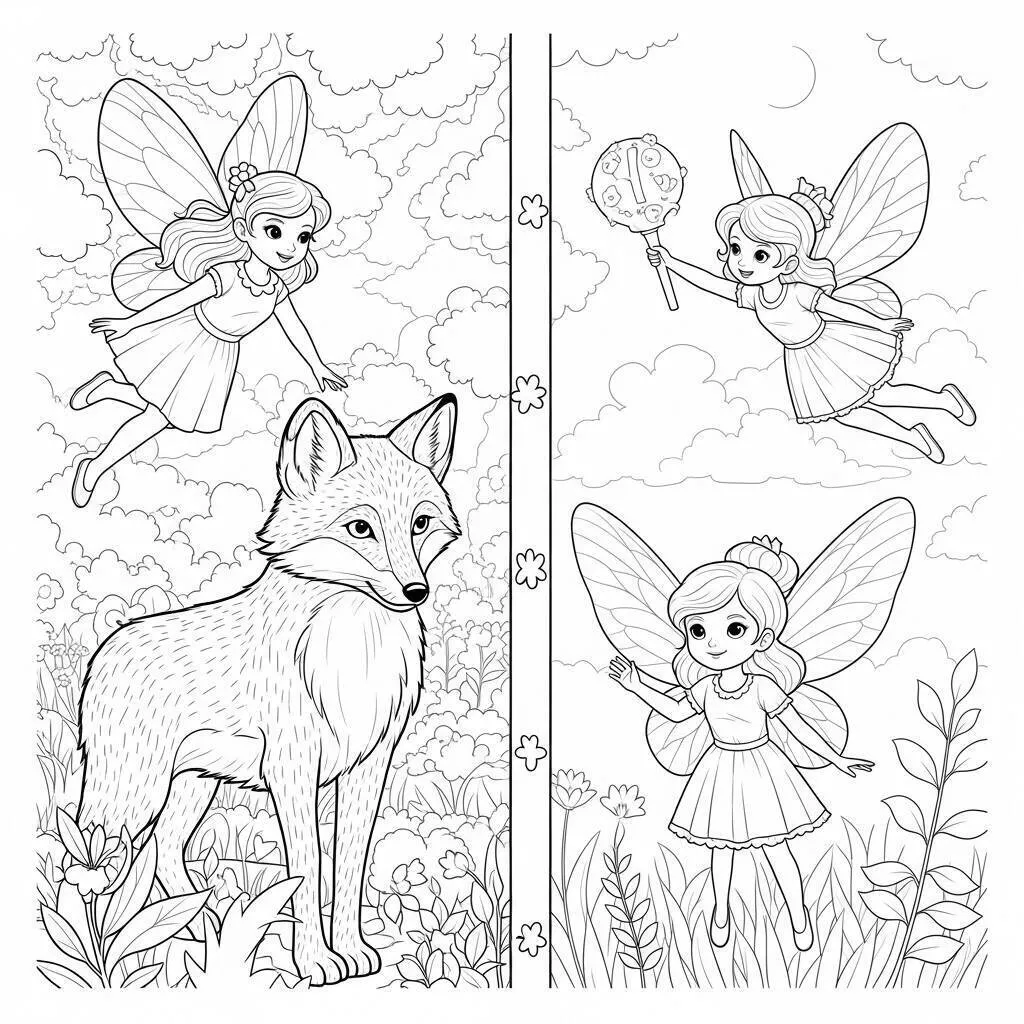 Desenho de Raposa com Fadas em um Jardim Encantado para Colorir