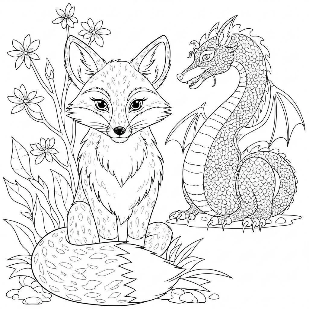 Desenho de Raposa Bonita com Dragão para Colorir