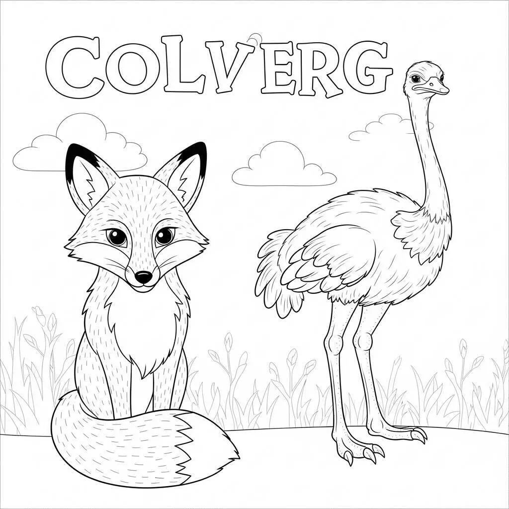 Desenho de Raposa Amigável com Avestruz para Colorir