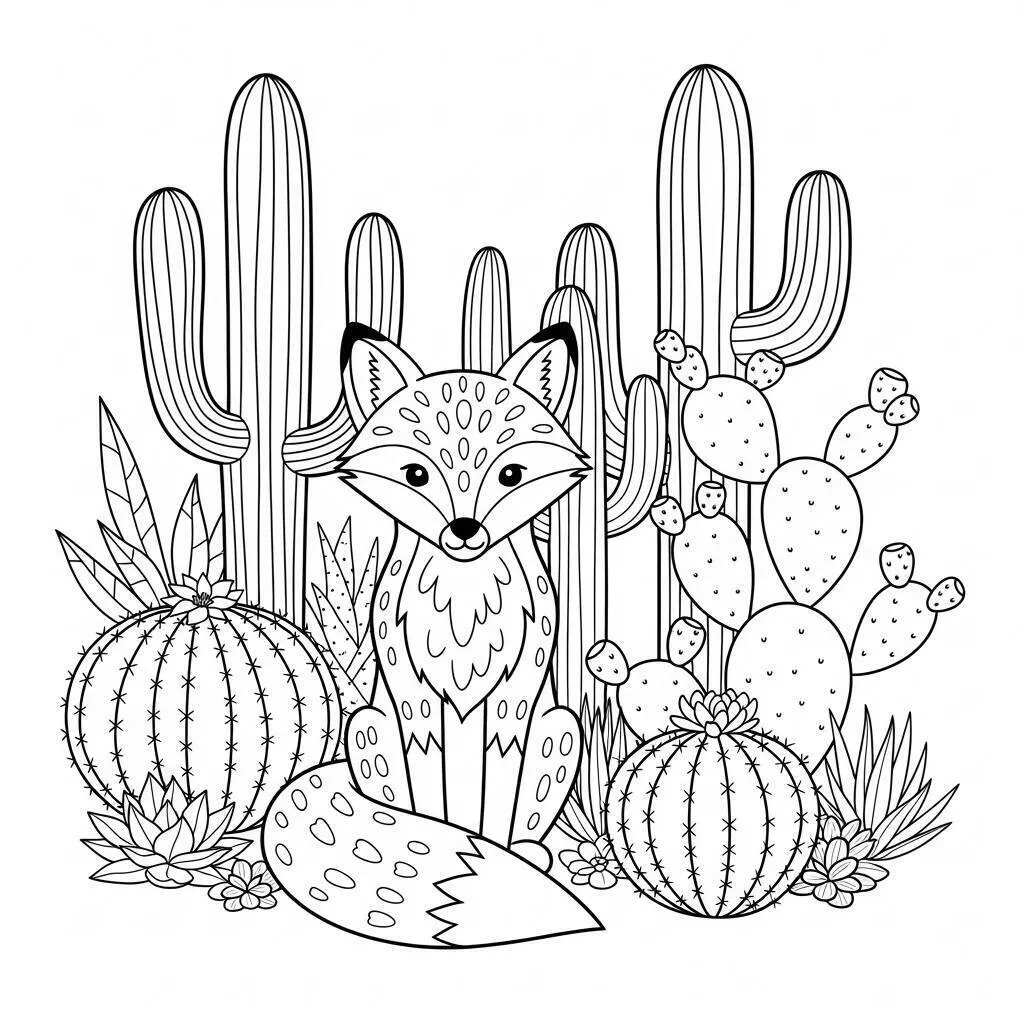 Fox in the Desert with Cacti Coloring Page