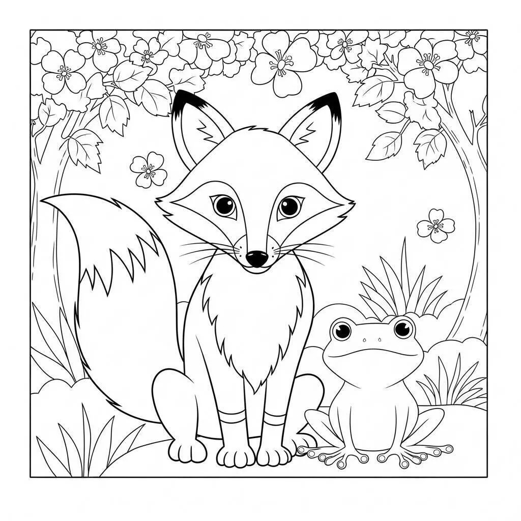 Fox and Frog in a Flower Garden Coloring Page