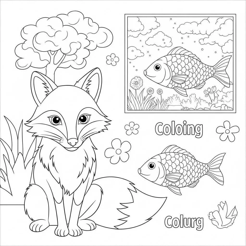 Fox with Fish and Flowers Coloring Page