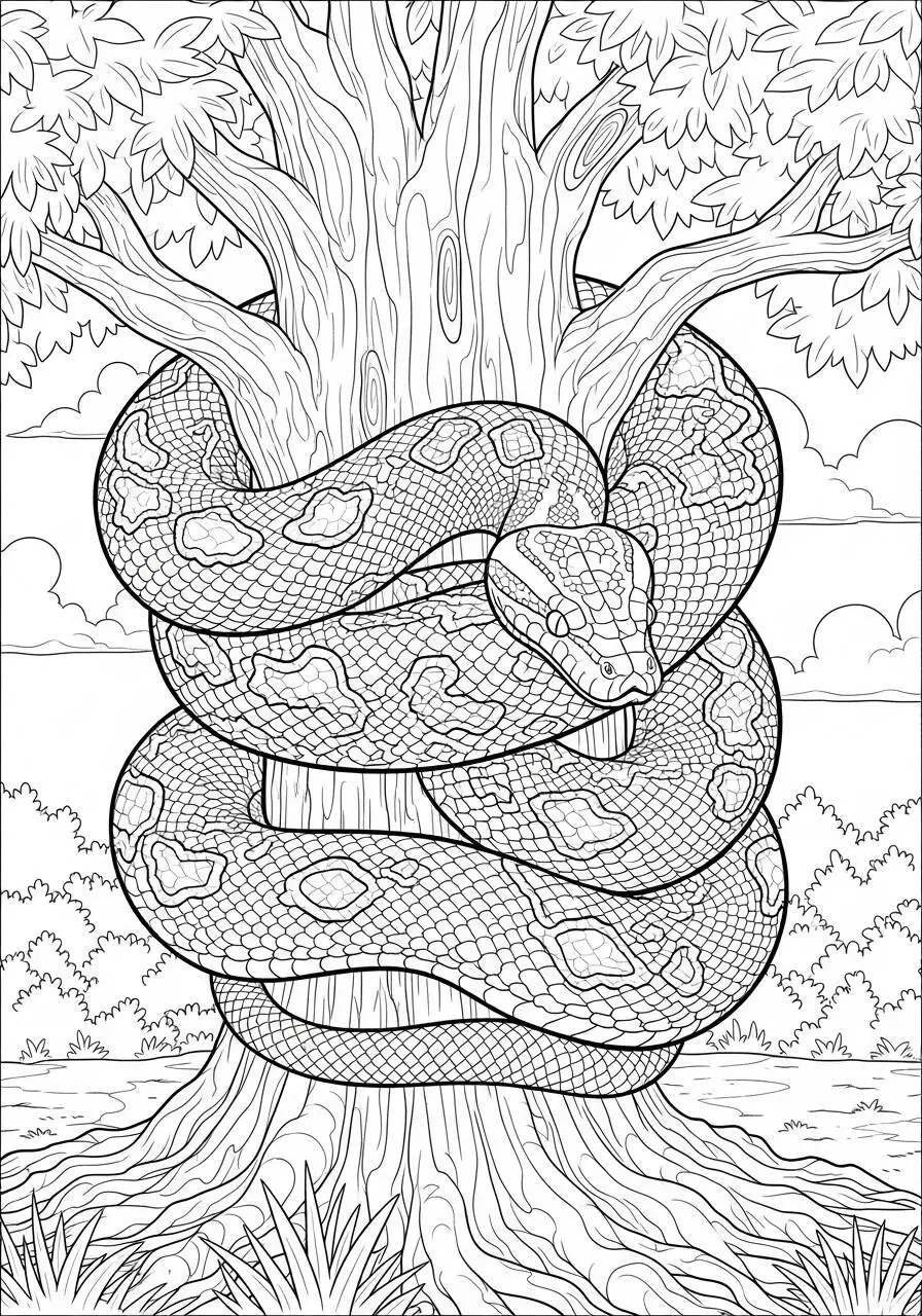 Dibujo para colorear de serpiente envuelta alrededor de un árbol