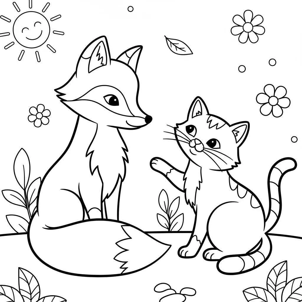 Fox and Cat Playing in the Forest Coloring Page