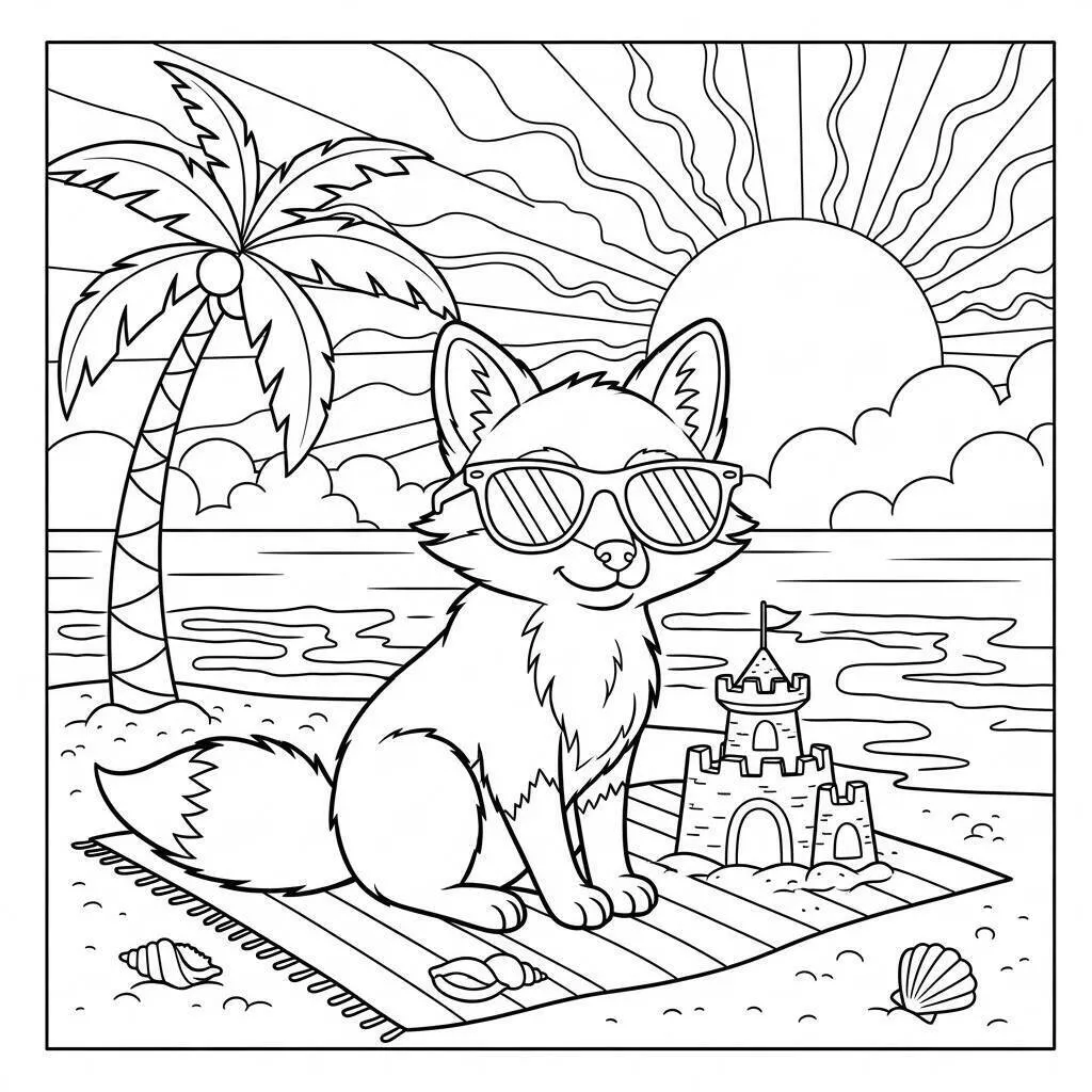 Fox on the Beach with Sunglasses Coloring Page