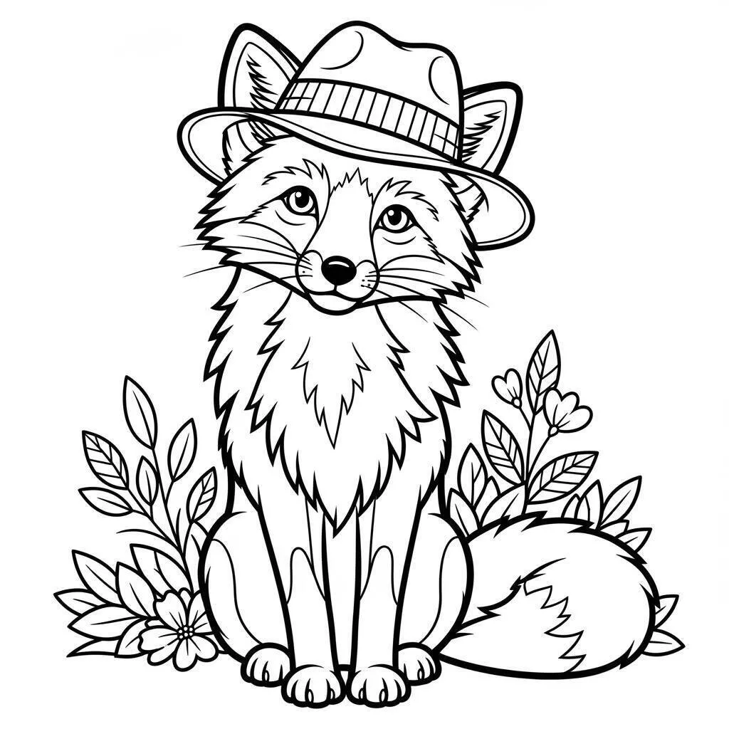 Dibujo de Zorro con sombrero y flores para colorear