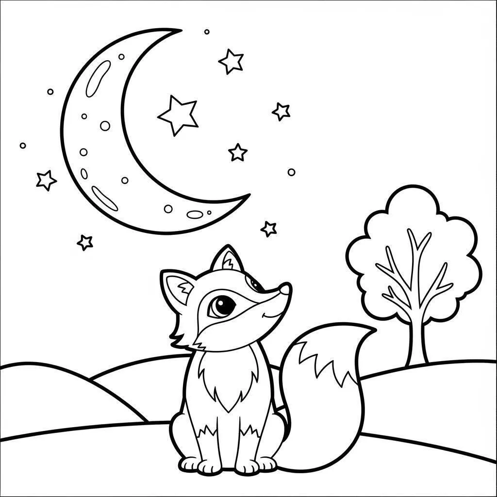 Dibujo de Zorro bajo la luna con estrellas para colorear