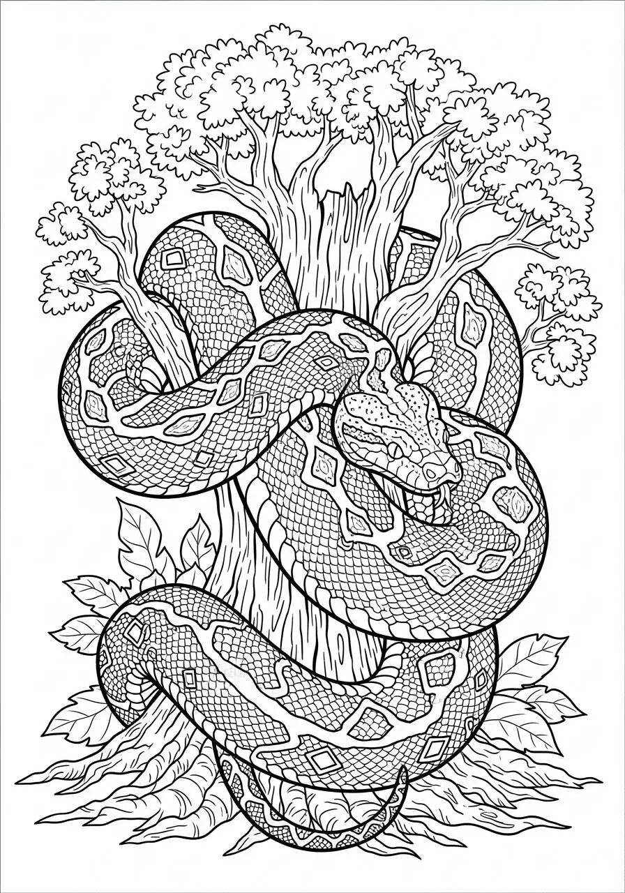 Dibujo para colorear de serpiente envuelta alrededor de un árbol