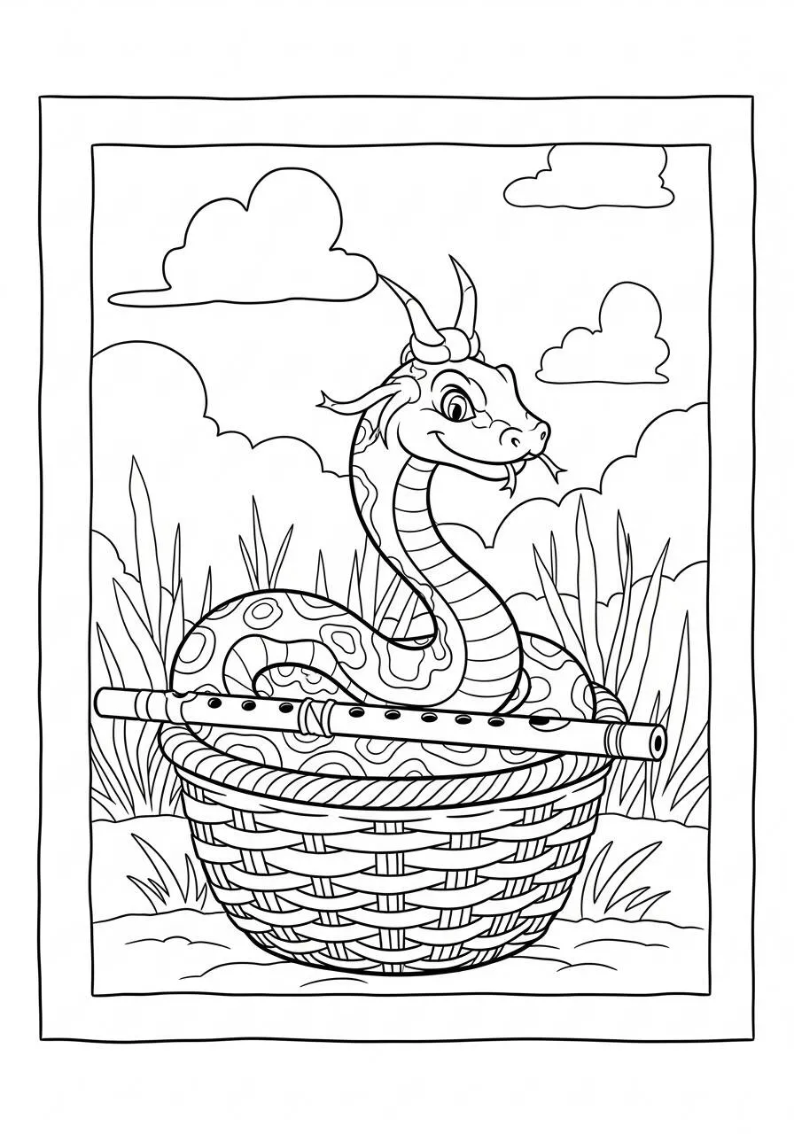 Desenho de Cobra Encantada em Cesta para Colorir