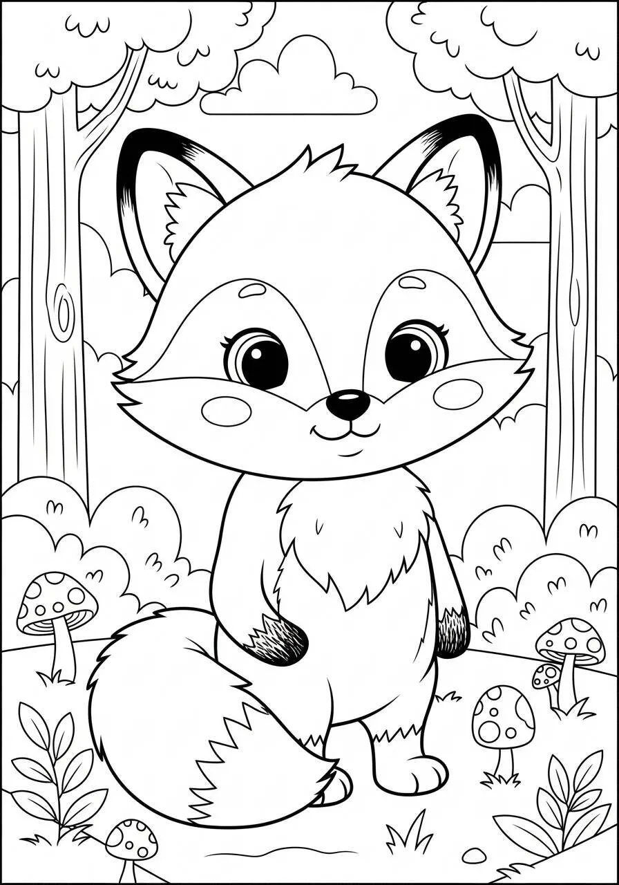 Kawaii Fox with Mushrooms Coloring Page