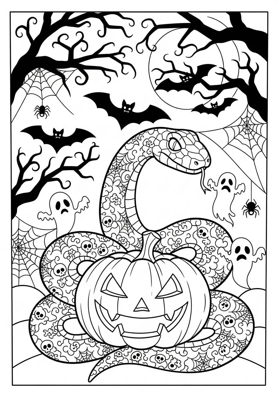 Página para colorear de serpiente envuelta en una calabaza