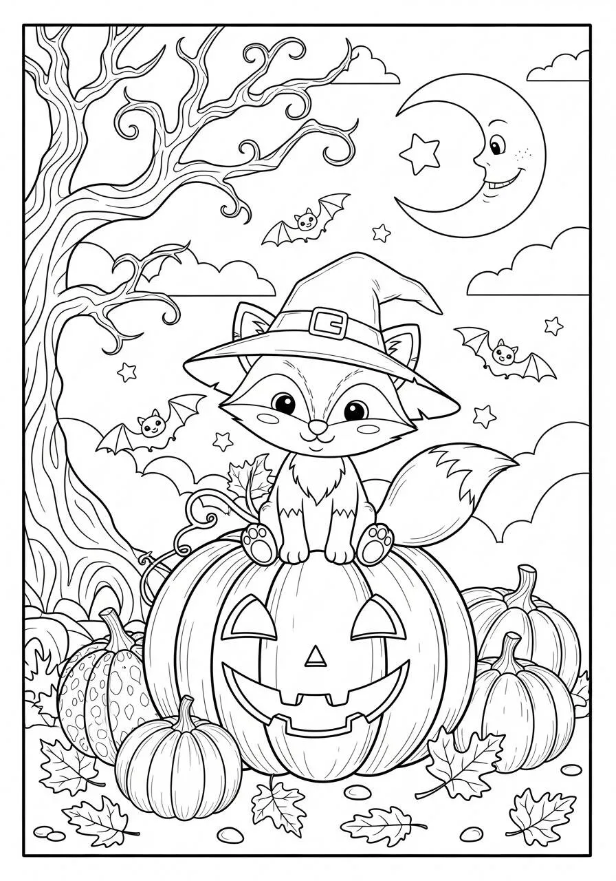 Desenho de Raposa Fantasminha em Abóbora para Colorir