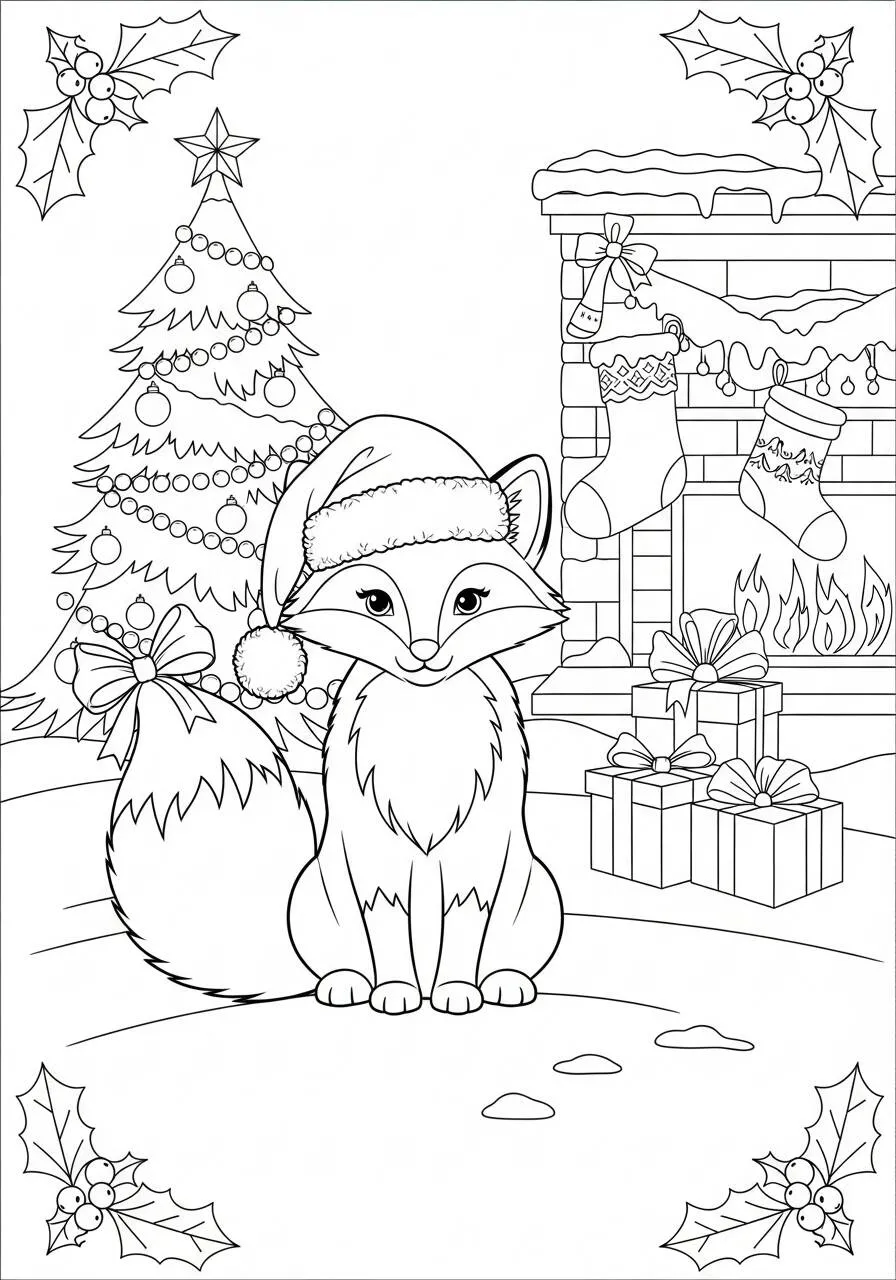 Desenho de Raposa Natalina com Chapéu de Papai Noel para Colorir