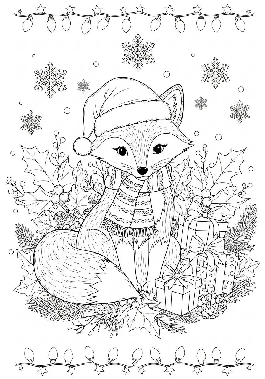 Desenho de Raposa Natalina com Chapéu e Presentes para Colorir