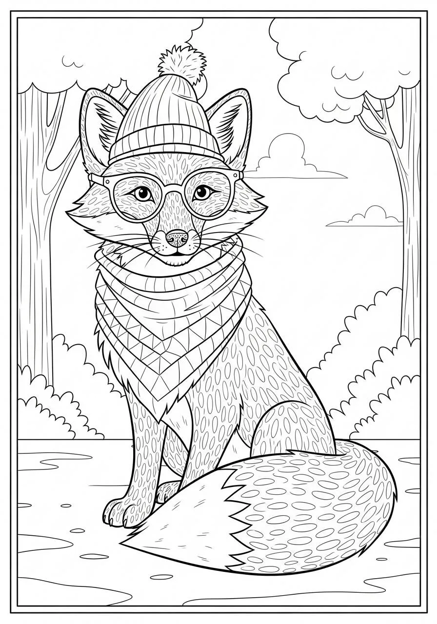 Desenho de Raposa Estilosa com Óculos e Cachecol para Colorir