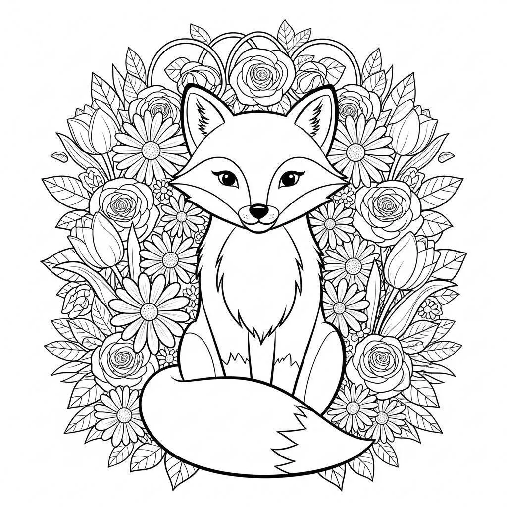 Dibujo de Zorro Sentado en un Jardín de flores para Colorear