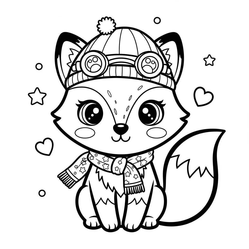 Dibujo de Zorro Kawaii con Gorro y Bufanda para Colorear