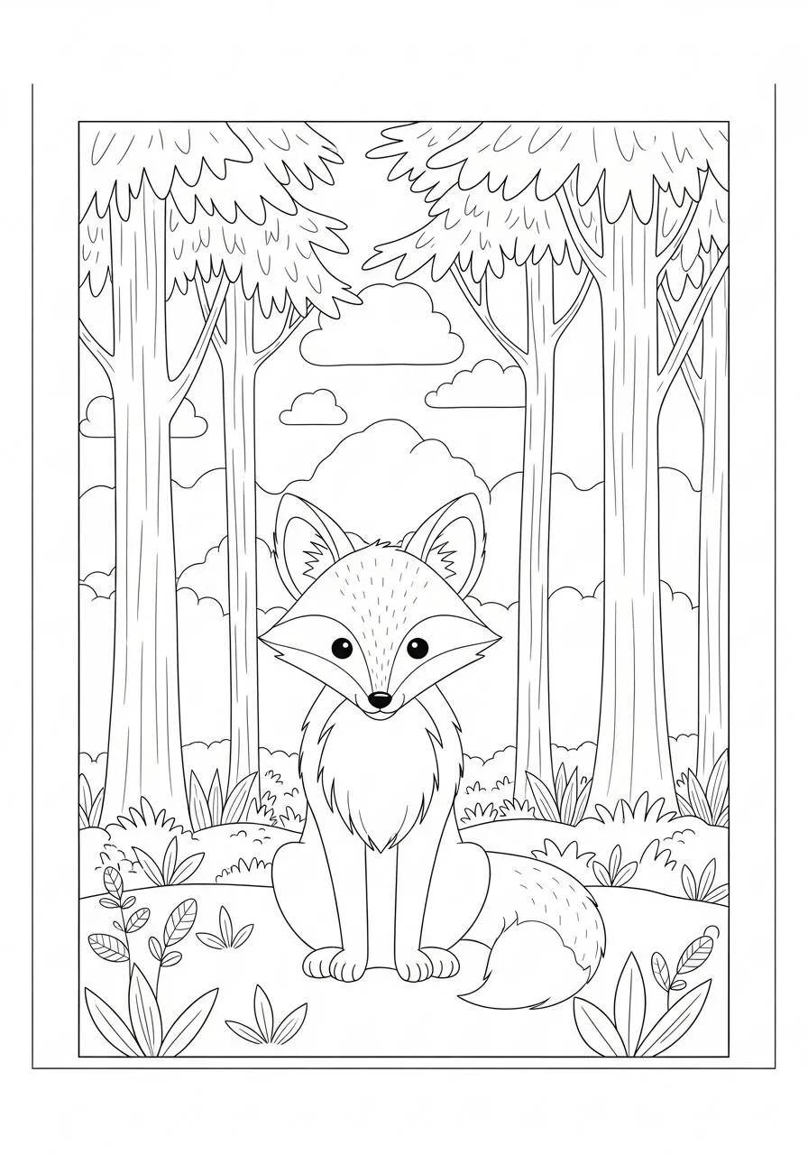 Dibujo de Zorro sentado en el bosque para colorear