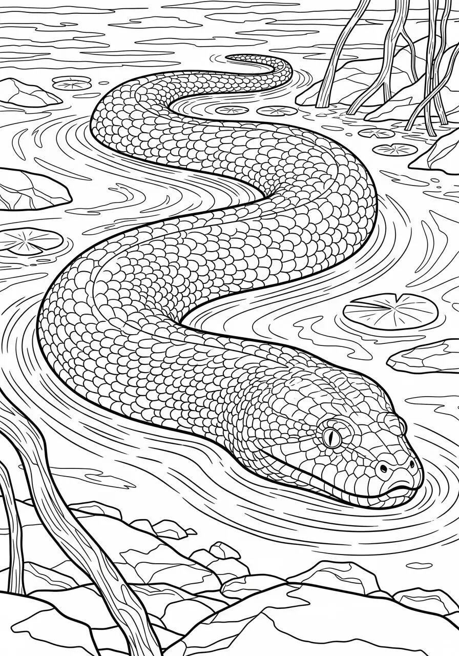 Página para colorear de serpiente nadando en un lago