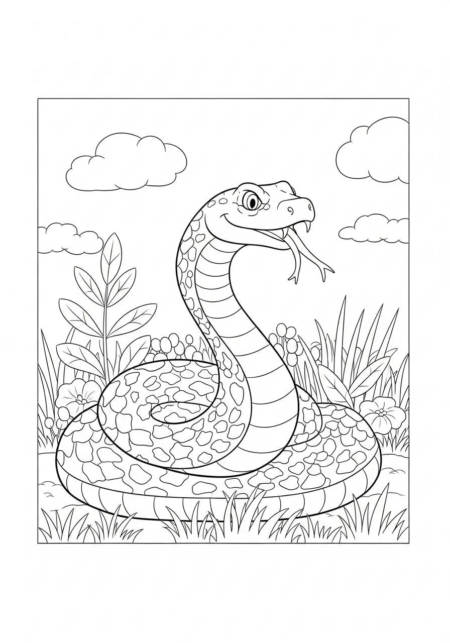 Página para colorear de serpiente sonriente en un jardín