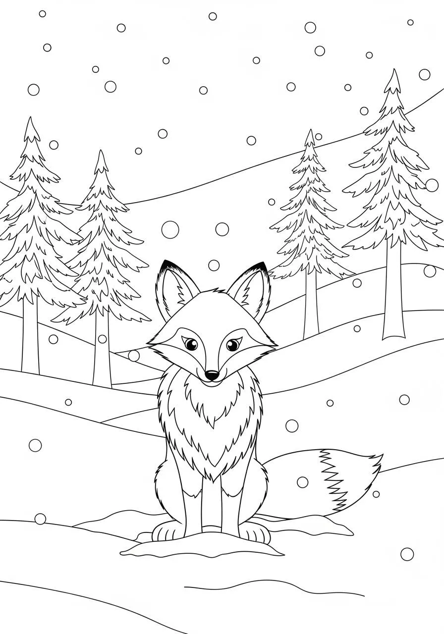 Dibujo de Zorro en la nieve con árboles para colorear
