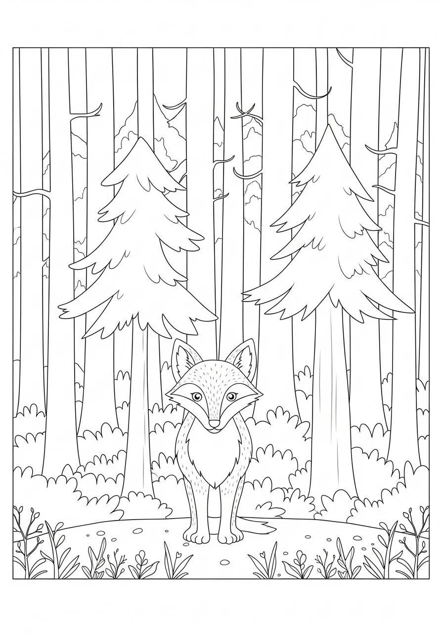 Dibujo de Zorro en el bosque con árboles para colorear