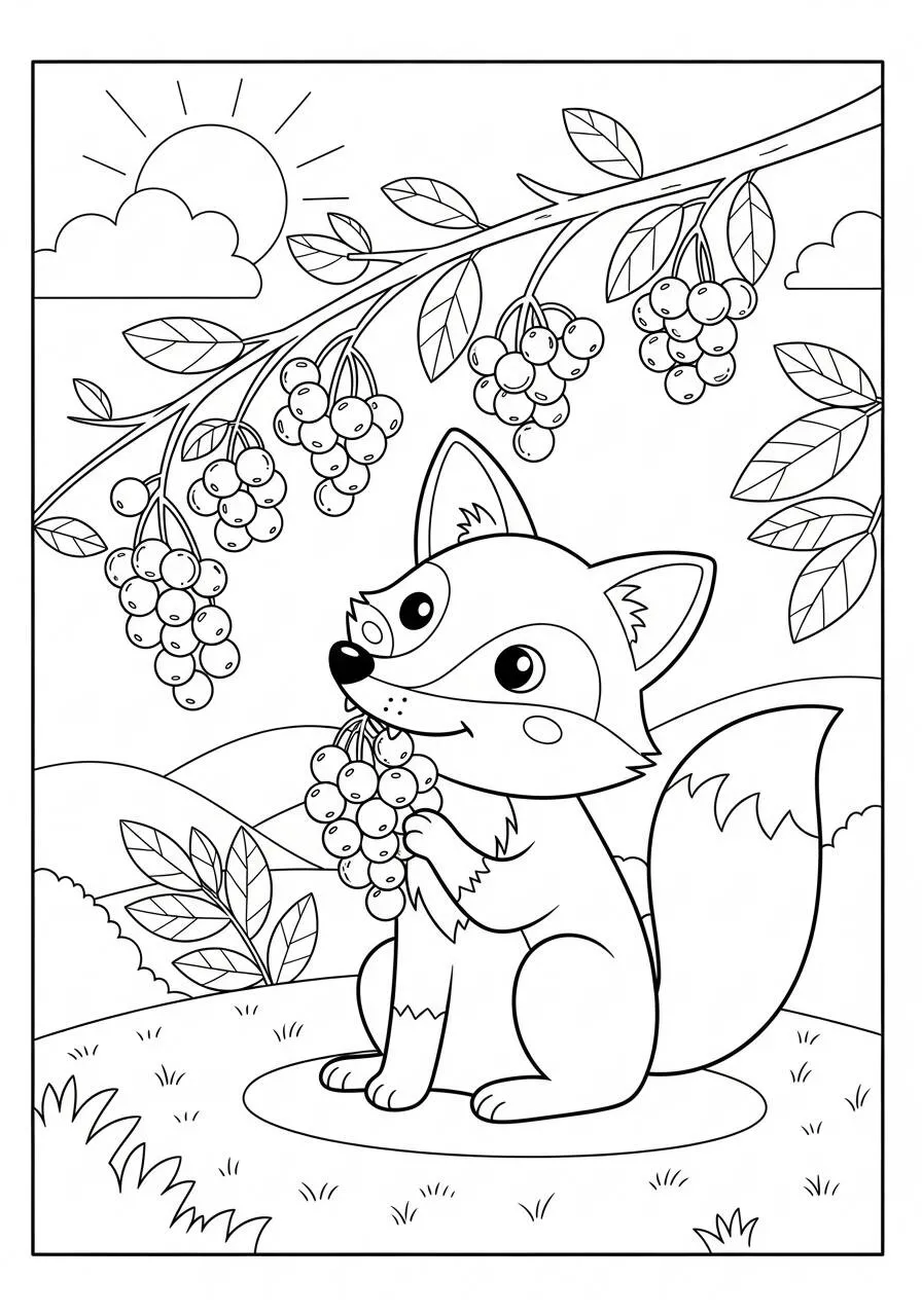 Dibujo de Zorro jugando con frutas para colorear