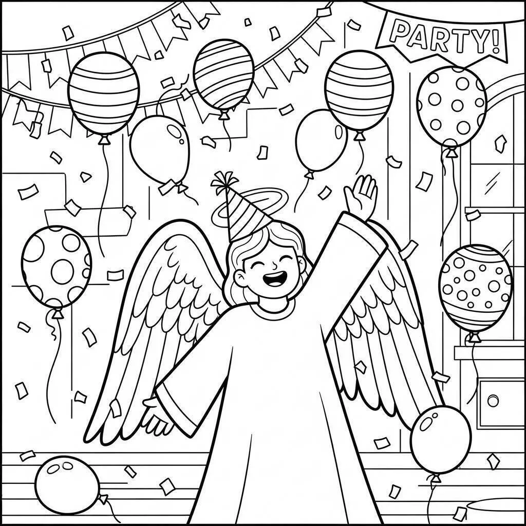 Festliche Engel-Malseite mit Luftballons und Party