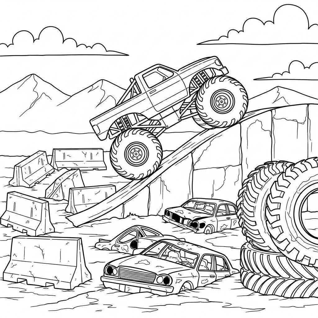 Ausmalbild: Monstertruck überwindet Hindernisse