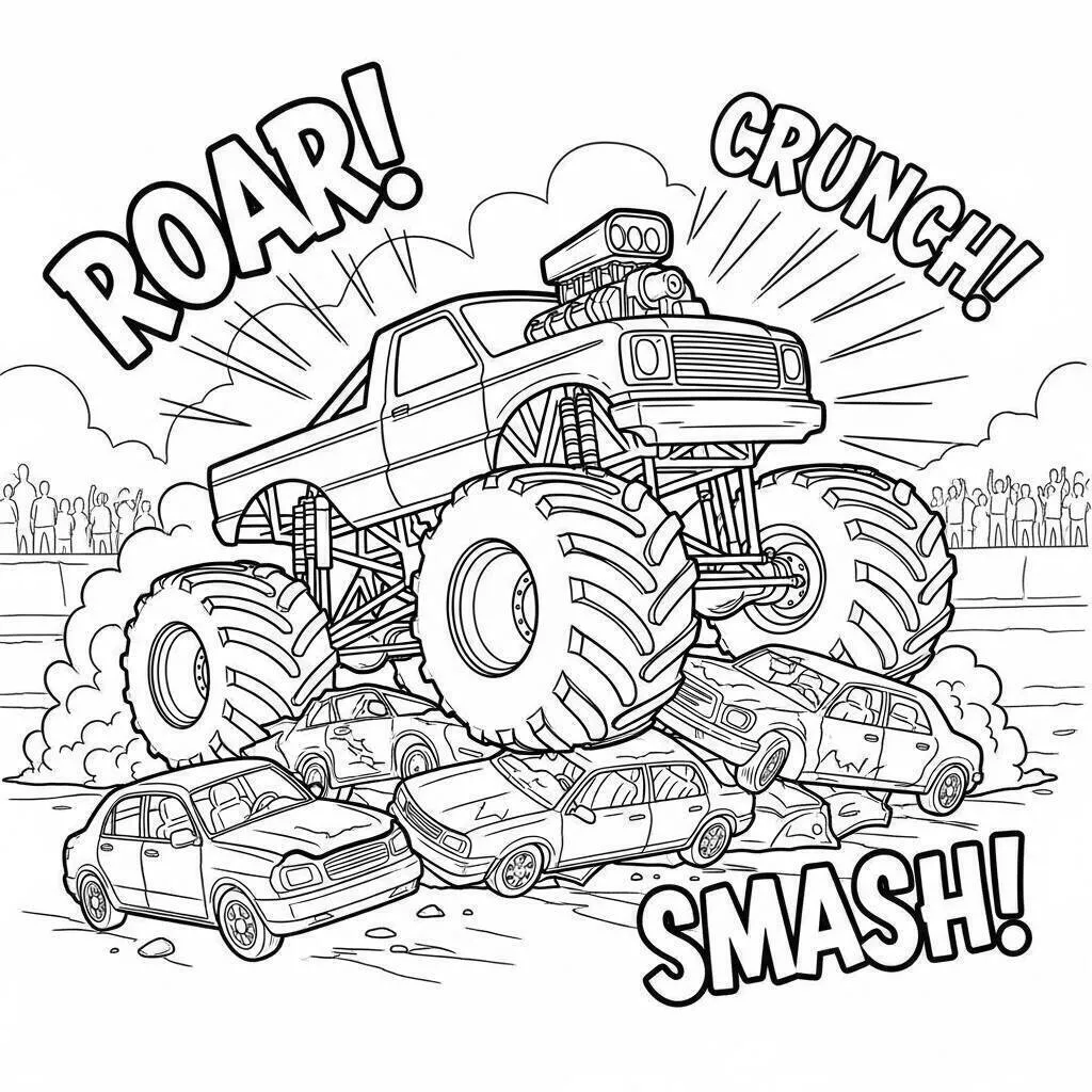Malvorlage „Monstertruck zertrümmert Autos“.