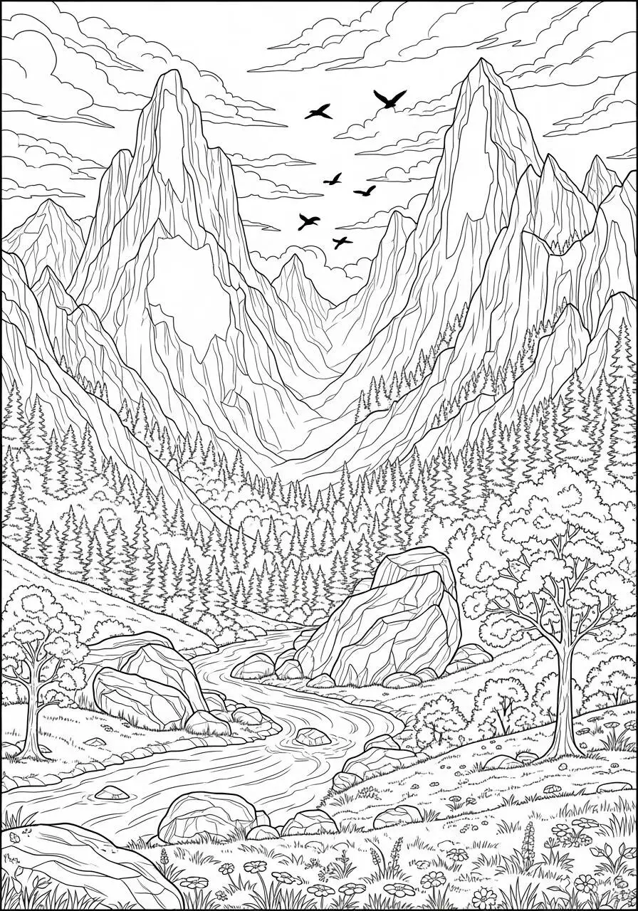 Ausmalbilder Natur Berge und Fluss