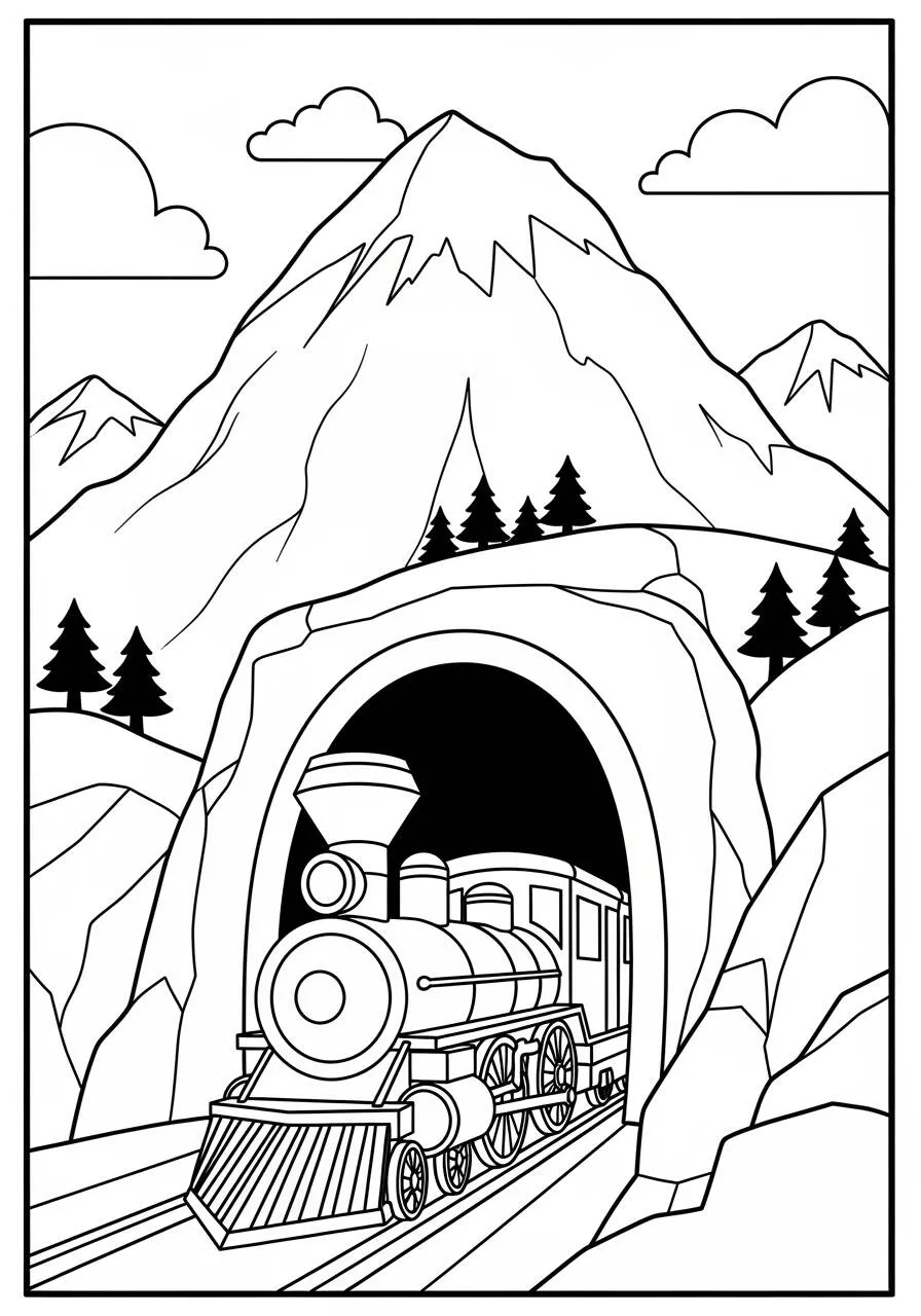 Treno che esce dal tunnel in montagna da colorare