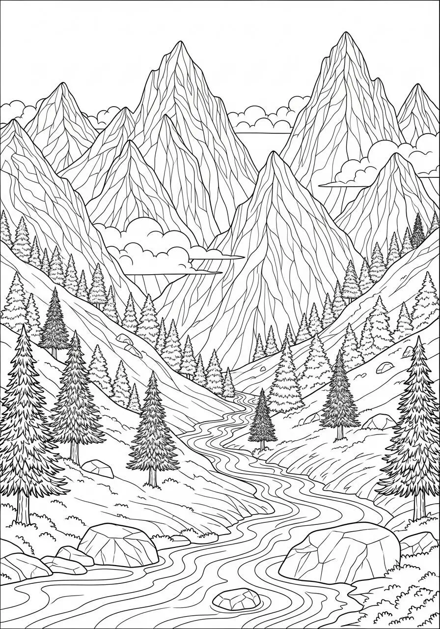 Ausmalbilder Natur Berge und Flüsse