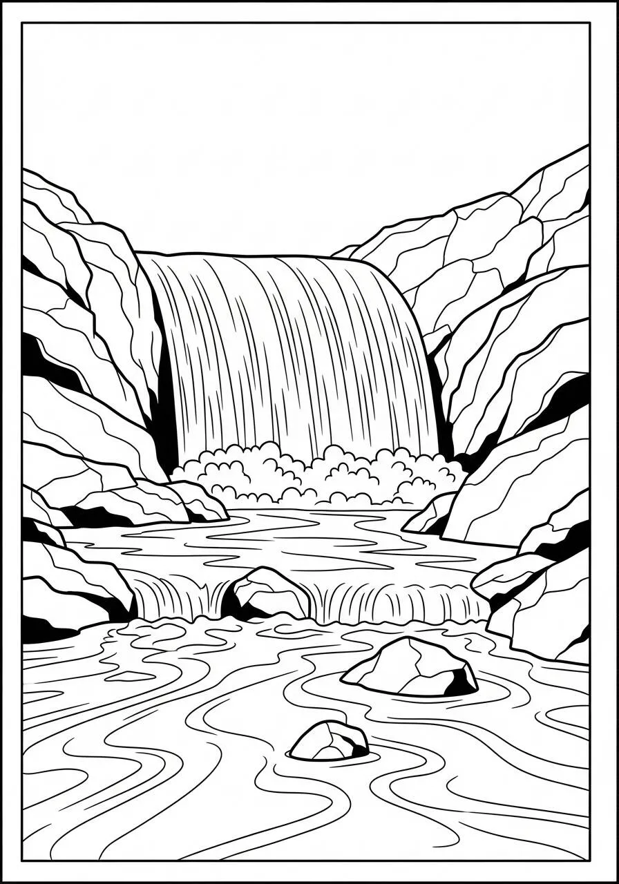 Wasserfall-Naturzeichnung mit gefallenem Wasser zum Ausmalen