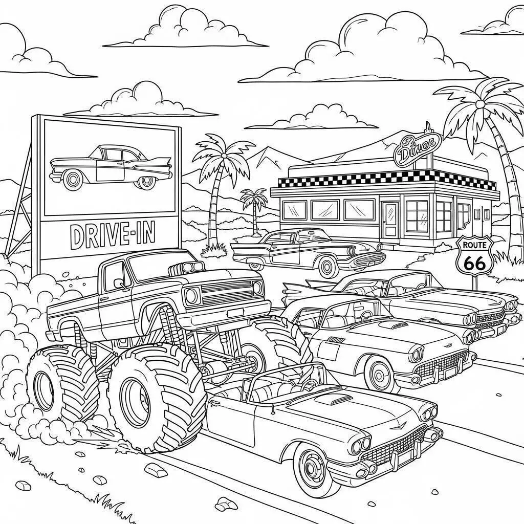 Ausmalbild: Monstertruck am Drive-In
