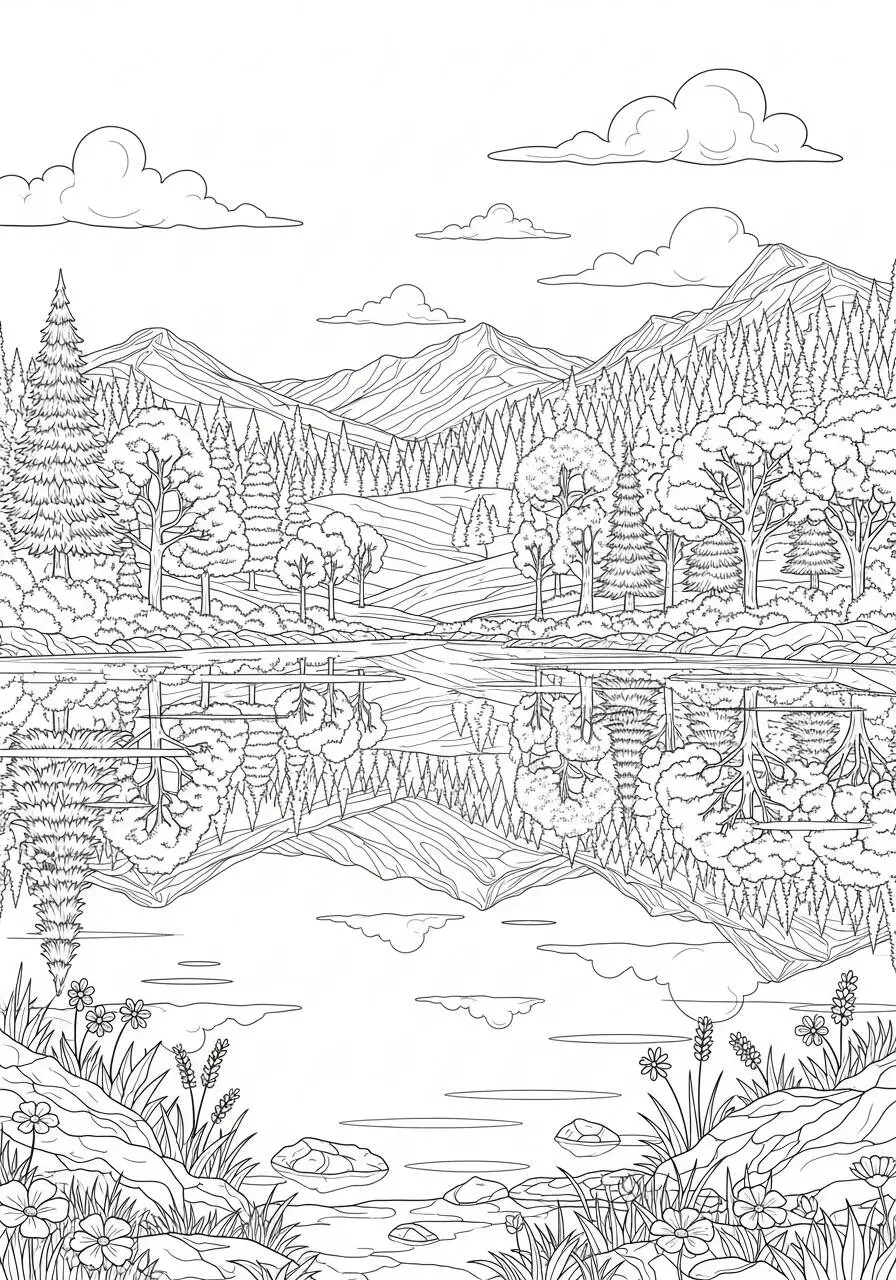Natursee mit Bergen und Bäumen zum Ausmalen