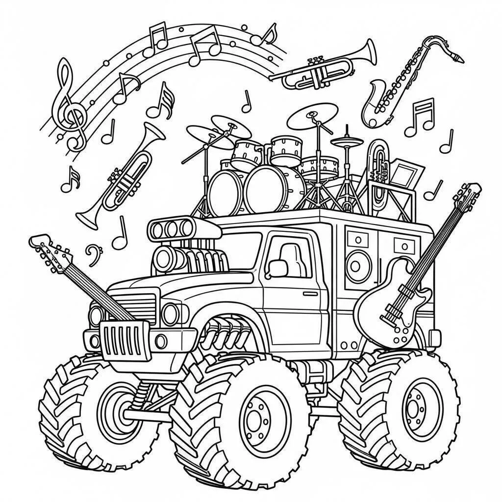 Musikalischer Monstertruck mit Instrumenten zum Ausmalen