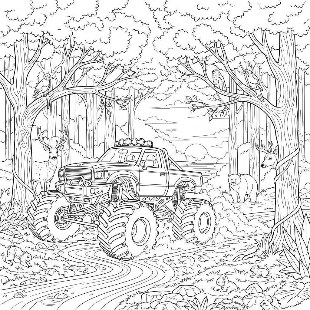 Ausmalbilder „Monstertruck im Wald“.