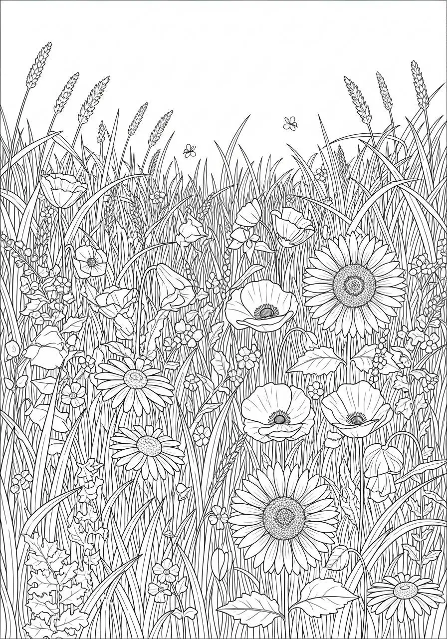 Campo di fiori con disegno della natura con girasoli e papaveri da colorare