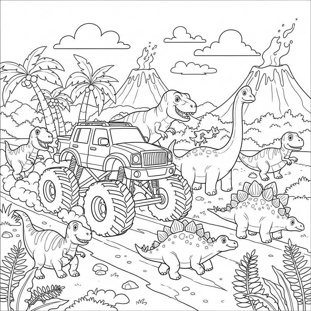 Kolorowanka Monster Truck wśród dinozaurów