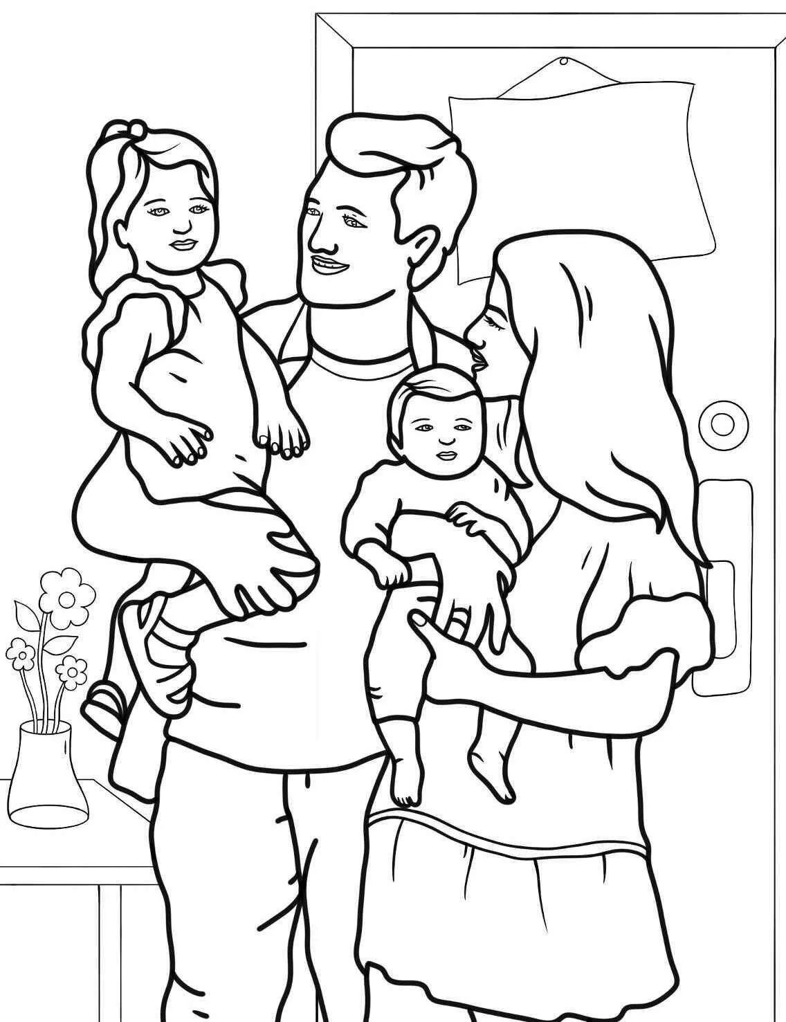 Página para colorear de familia con niños