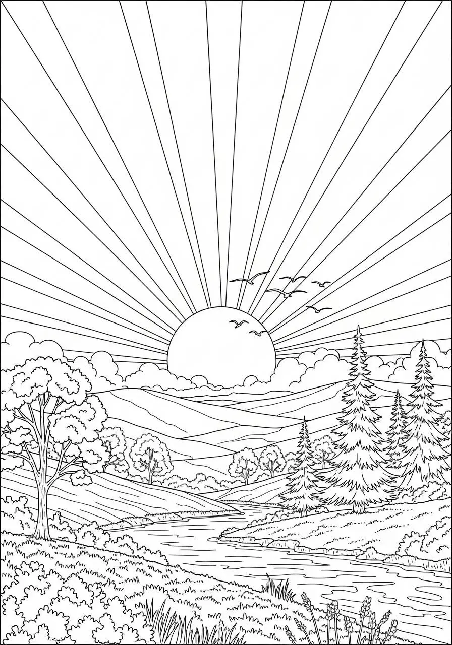 Alba della natura con sole e montagne da colorare